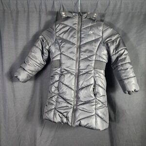 Calvin‎ Klein Jeans Girls Black Puffer Coat Hooded Faux Fur Size 5